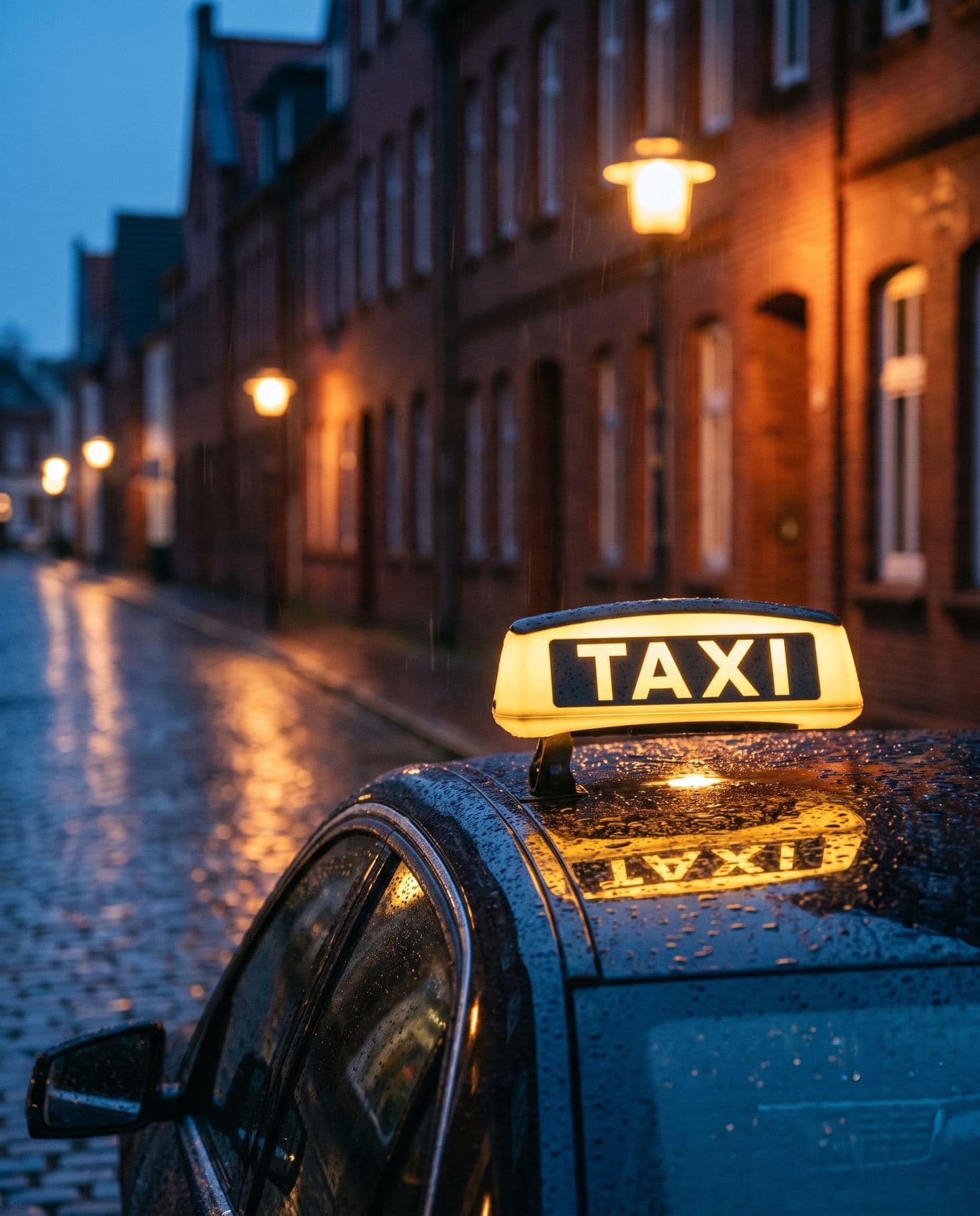 Beleuchtetes Taxischild auf einem nassen Wagendach, dahinter eine Straße mit Backsteinhäusern und Laternen in der Abenddämmerung